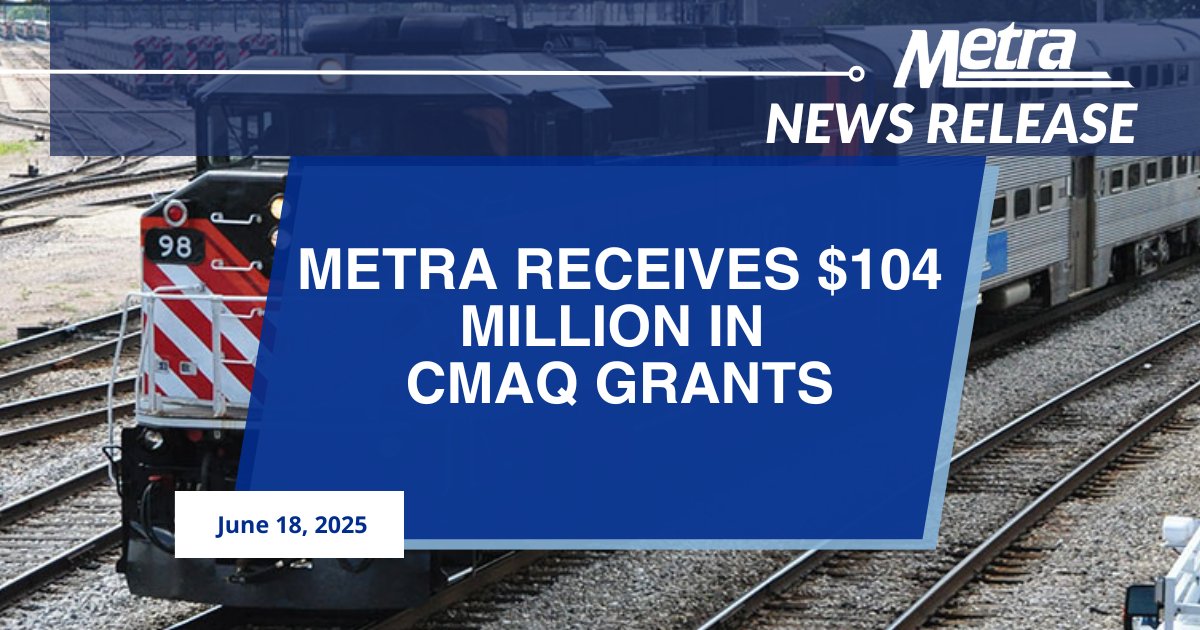 Metra announced today that it will receive more than $104 million in grants through Chicago Metropolitan Agency for Planning’s (CMAP’s) Congestion Mitigation and Air Quality Improvement (CMAQ) program. View the news release: metra.com/newsroom/metra…