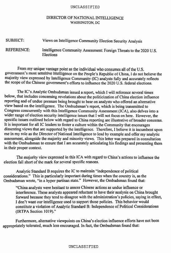 pjcolbeck's tweet image. Remember the January 7, 2021 memo from John Ratcliffe on Chinese interference with #2020Election?  I do.