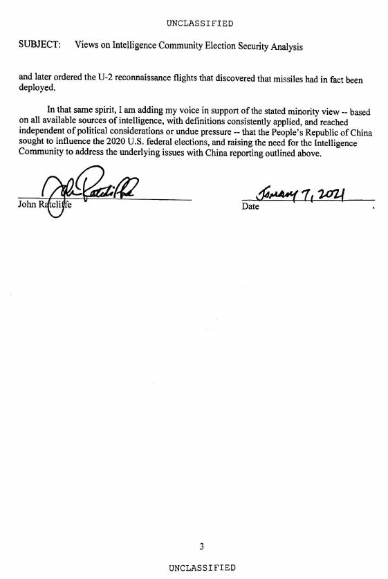 pjcolbeck's tweet image. Remember the January 7, 2021 memo from John Ratcliffe on Chinese interference with #2020Election?  I do.