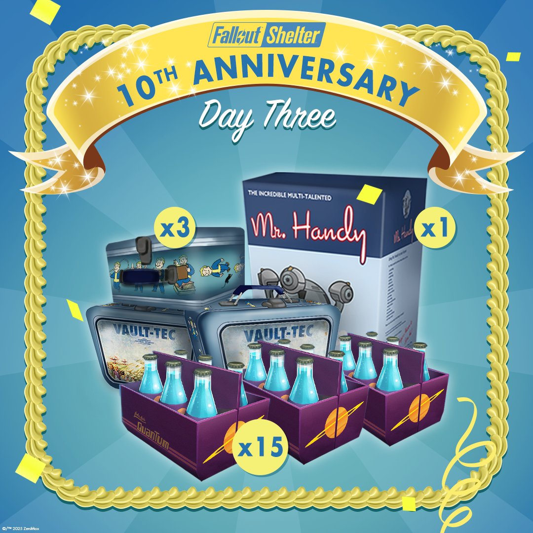 Ein Geschenk von Vault-Tec für unsere fleißigen Aufseher:innen! 🎁

Spielt heute und morgen #FalloutShelter auf eurem Mobilgerät und erhaltet 3 Lunchboxen, einen Mr. Handy und 15 Nuka-Colas!