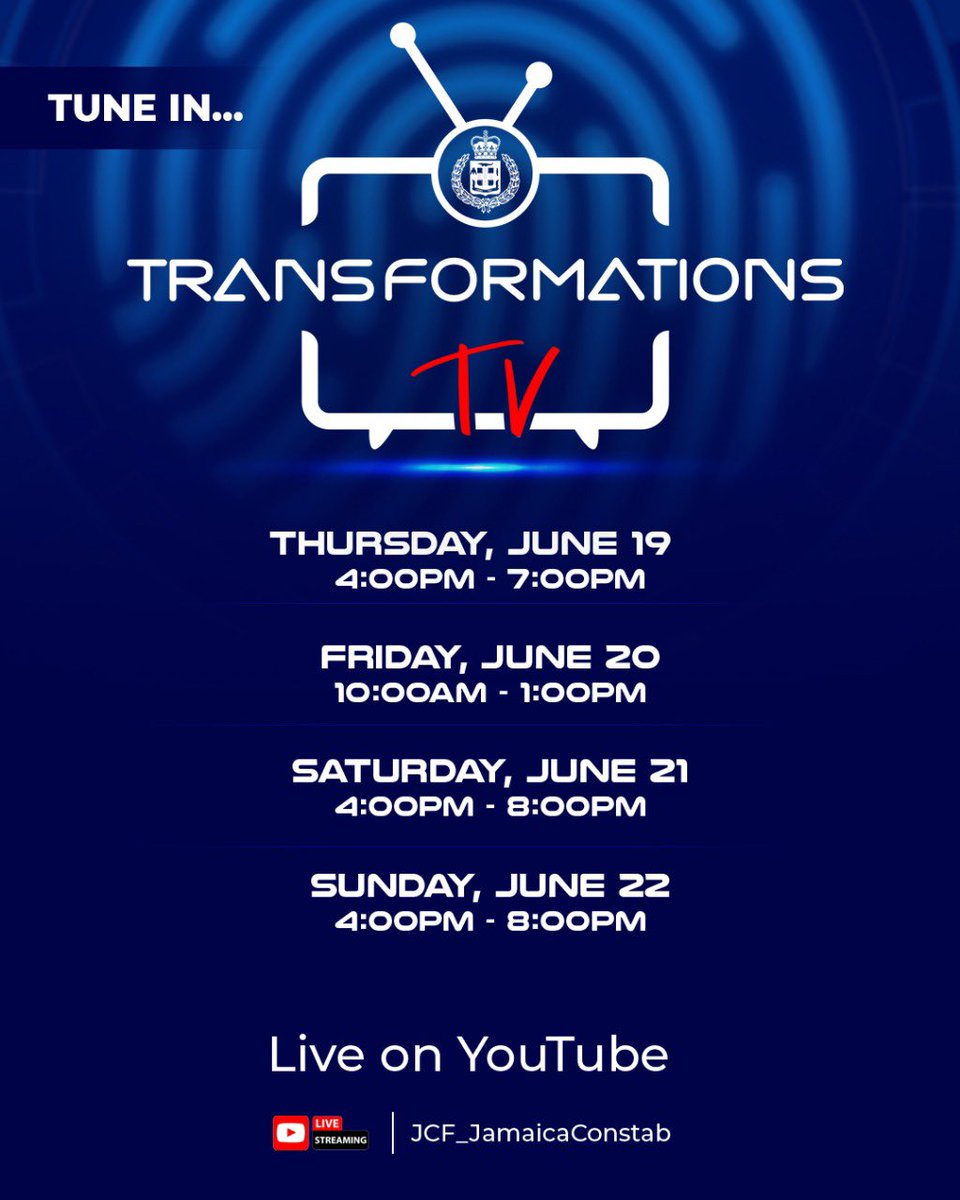 Get ready for JCF Transformations People, Quality and Technology Expo 2.0 Transformations TV live on our YouTube channel (JCF_JamaicaConstab).

Stay informed with exclusive interviews with our Commissioner of Police, Dr. Kevin Blake, members of the High Command and other