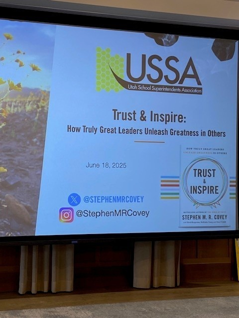USSA_Utah's tweet photo. THANK YOU, Stephen M.R. Covey, for presenting Trust and Inspire to Utah's superintendents. Your message resonated with everyone in the room. Superintendents were about to learn more about Trust & Inspire and learn more about each other. #USSA #LeadingForImpact https://t.co/462bKlqC5V