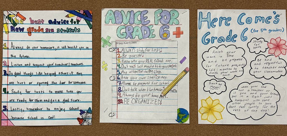 The students designed posters offering advice to future Grade 6 students. 
6️⃣ 📚<a href="/transfigtcdsb/">Transfiguration of Our Lord</a>
