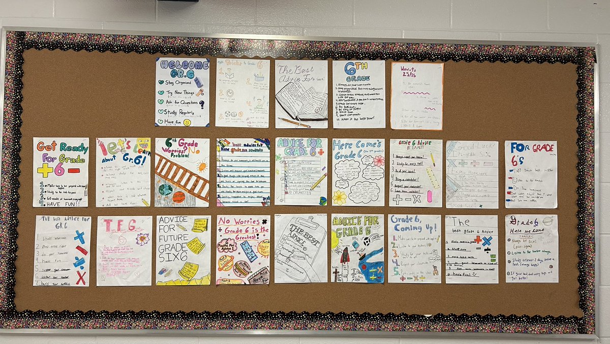 MsLiuzzi's tweet photo. The students designed posters offering advice to future Grade 6 students. 
6️⃣ 📚@transfigtcdsb https://t.co/OU7kWt1u4R