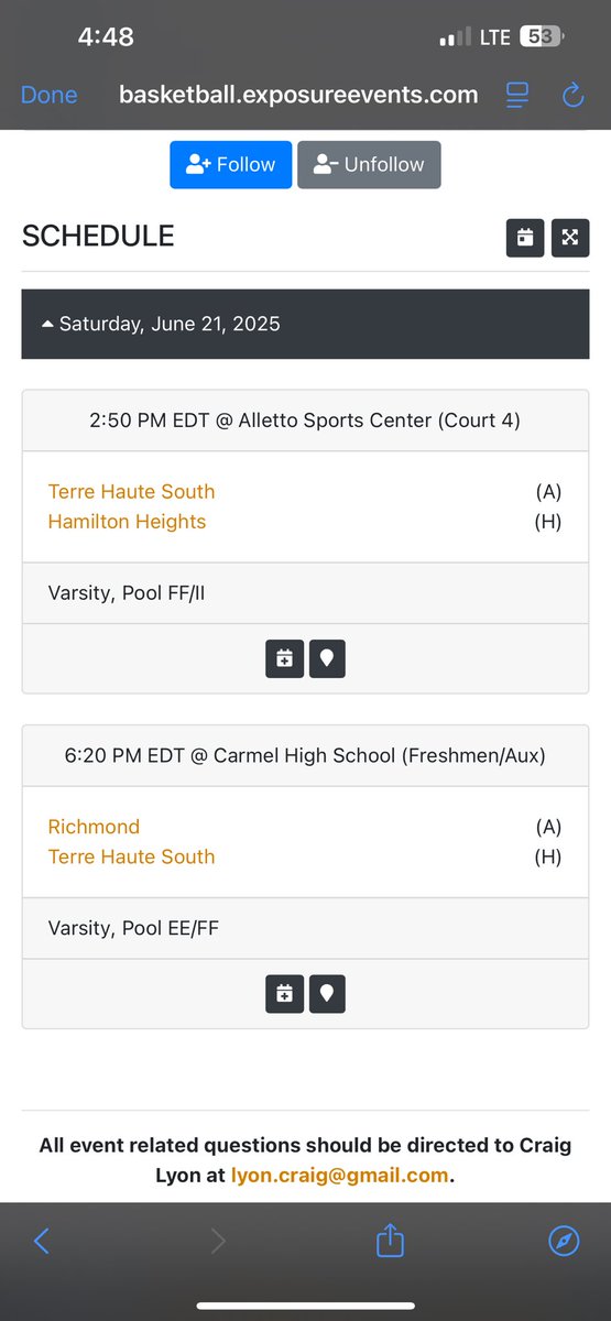 Here is my schedule for the Charlie Hughes only playing on Saturday.