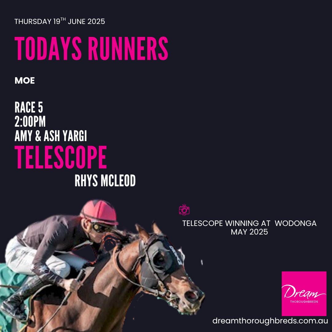 Dream Thoroughbreds (@livethedreamnow) on Twitter photo 4YO ZOUSTAR mare TELESCOPE will be saddled up by the team at <a href="/YargiRacing/">Yargi Racing</a> today at <a href="/MoeRacingClub/">Moe Racing Club</a>
A winner first up this campaign already this mare has a wonderful record on the SOFT tracks of 6 starts for 2:2:2 4YO ZOUSTAR mare TELESCOPE will be saddled up by the team at <a href="/YargiRacing/">Yargi Racing</a> today at <a href="/MoeRacingClub/">Moe Racing Club</a>
A winner first up this campaign already this mare has a wonderful record on the SOFT tracks of 6 starts for 2:2:2