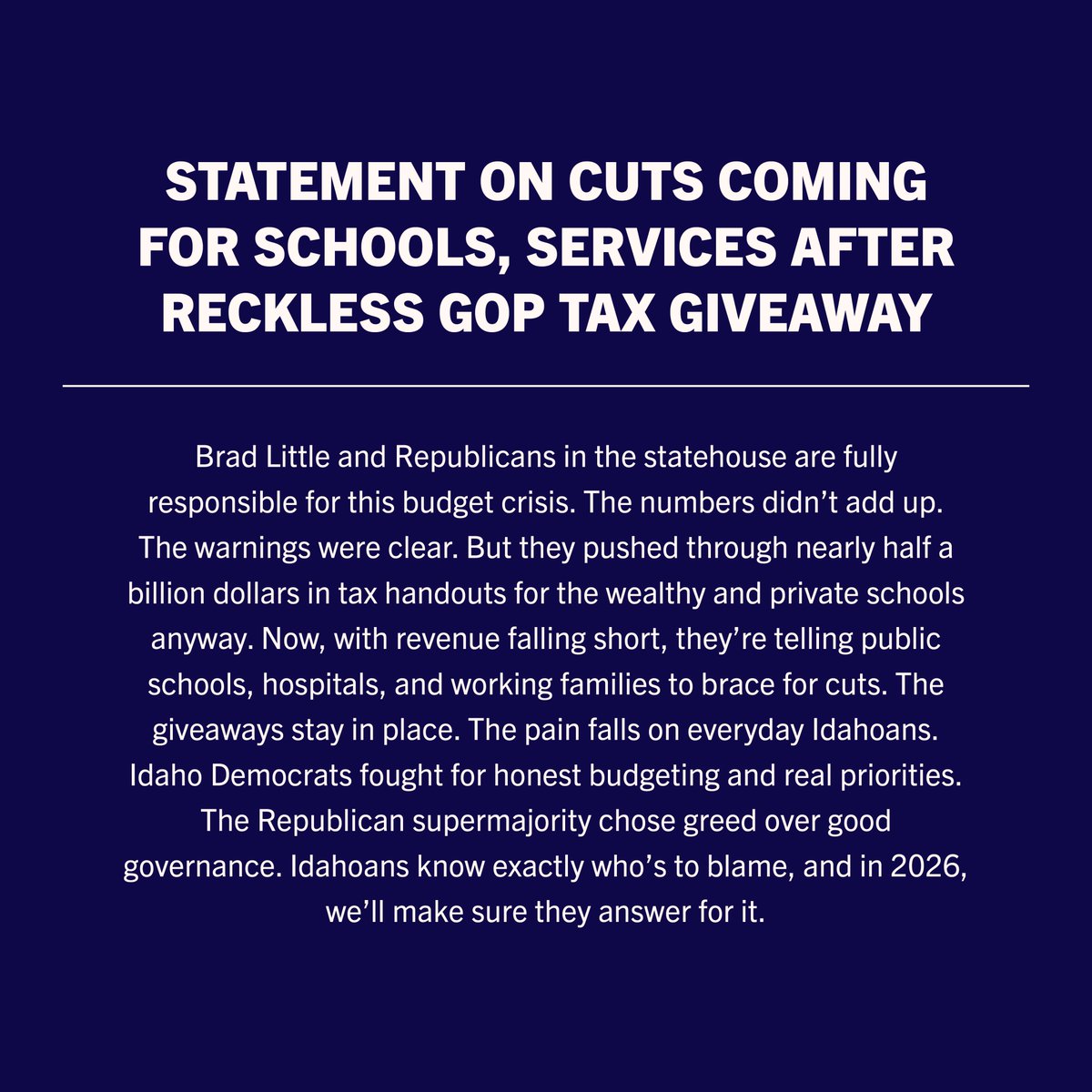 My statement in response to Governor Little directing agencies, including the Idaho Department of Education, State Board of Education, and colleges and universities to prepare for cuts.