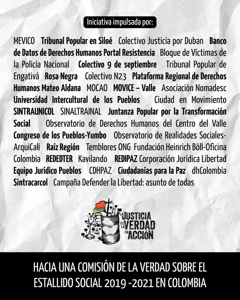 <a href="/petrogustavo/">Gustavo Petro</a> 🧵5/5 ✊ Esta es una iniciativa de más de 40 organizaciones sociales, defensoras de DDHH y colectivos de víctimas.
Porque la verdad sobre el estallido social la exige el pueblo.
¡Vamos hacia una Comisión de la Verdad popular y desde abajo!
#ComisiónDeLaVerdad2019Al2021
