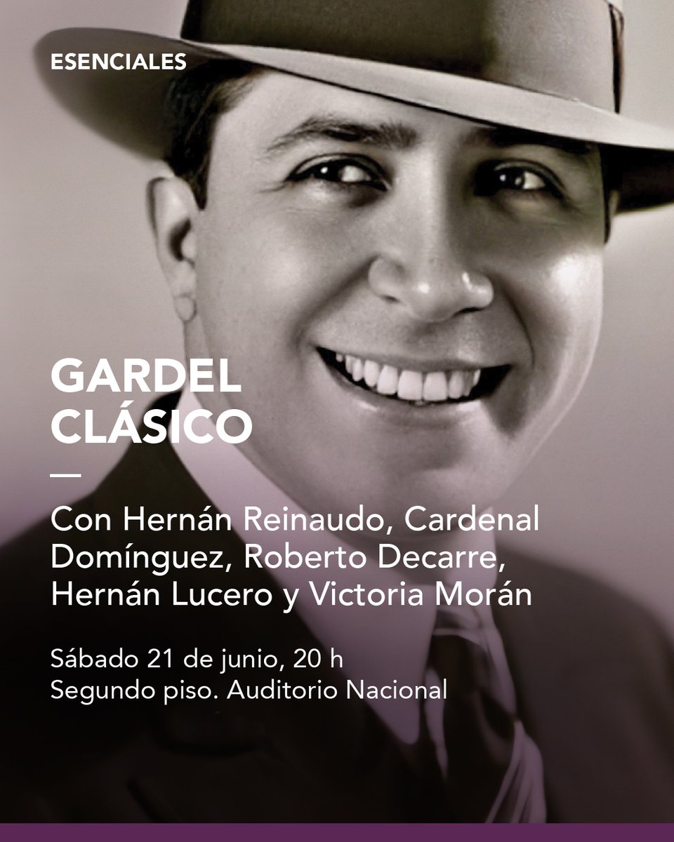 🪗 Homenaje a Gardel 

A 90 años de su partida, vuelve a brillar su repertorio bajo la dirección de Hernán Reinaudo y las voces de Cardenal Domínguez, Roberto Decarre, Hernán Lucero y Victoria Morán.

🗒️ Sábado 21 de junio, 20 h.
🎟️ Reservá tu entrada en palaciolibertad.gob.ar/events/esencia…