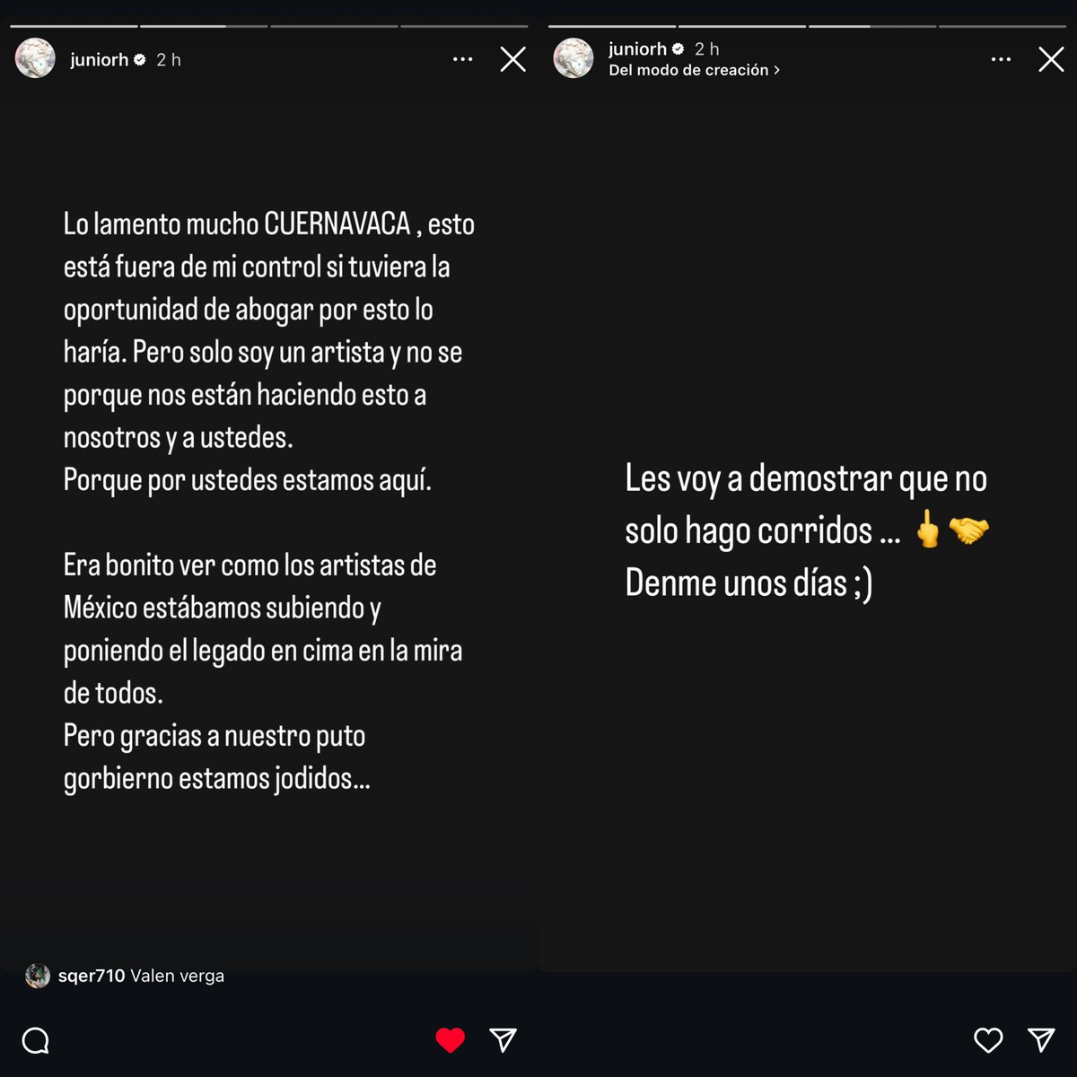Junior H se protesta mediante historias de Instagram al ser cancelado su concierto habiendo cosas que impactan y en verdad afectan al país se van contra los artistas y su música.