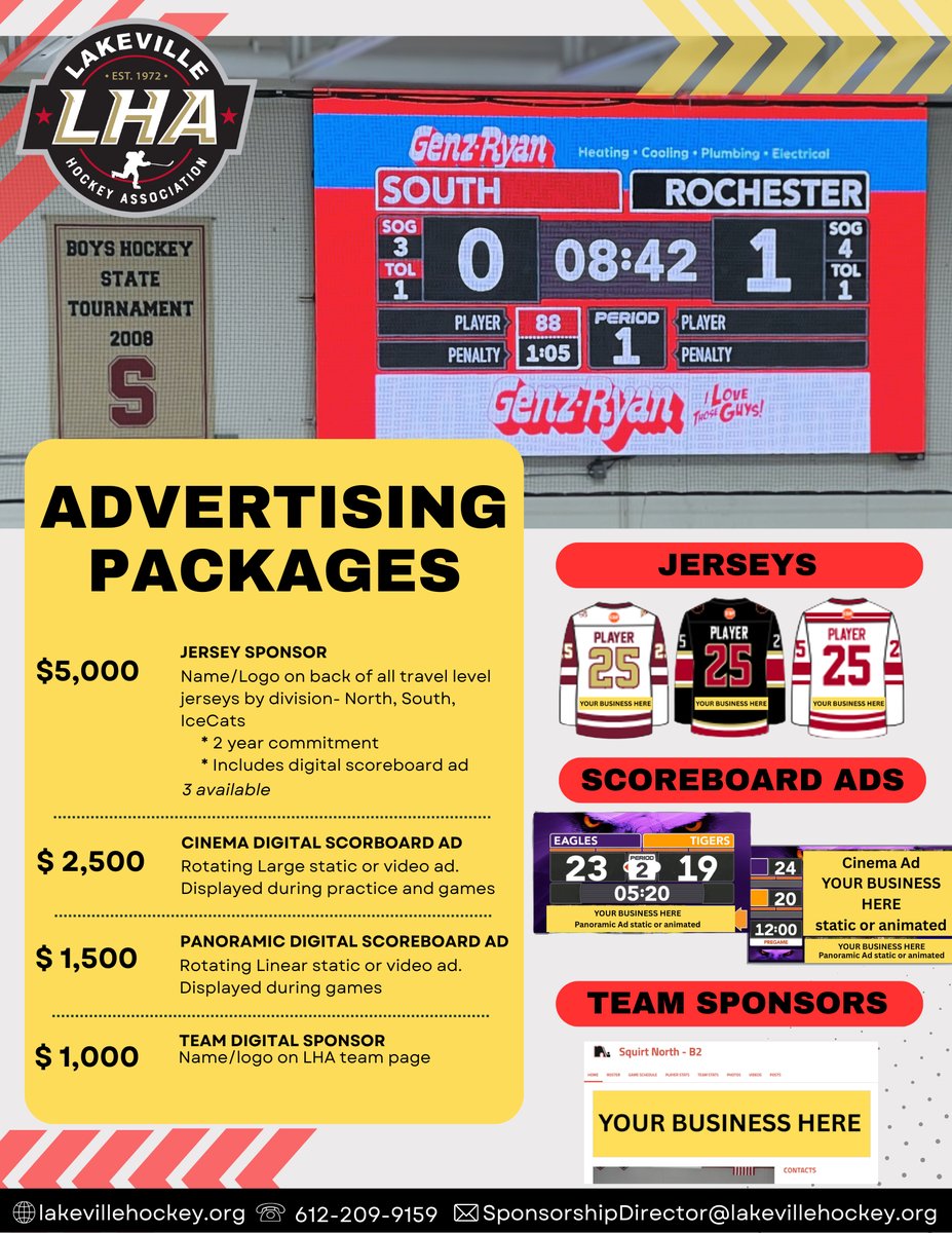 Interested In sponsoring? LHA has a variety of sponsorship packages to choose from. New this year it our North, South, and IceCats jersey sponsors. Contact our Sponsorship Director for more information.