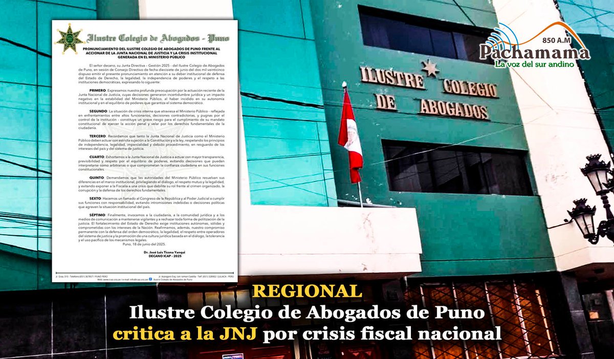 ((🔴)) #Puno: El Ilustre Colegio de Abogados de Puno expresó su preocupación por la actuación de la Junta Nacional de Justicia y el impacto negativo que esta genera en la estabilidad institucional del Ministerio Público.

👉 #Puno| #PachamamaNoticias #Puno #PachamamaInforma