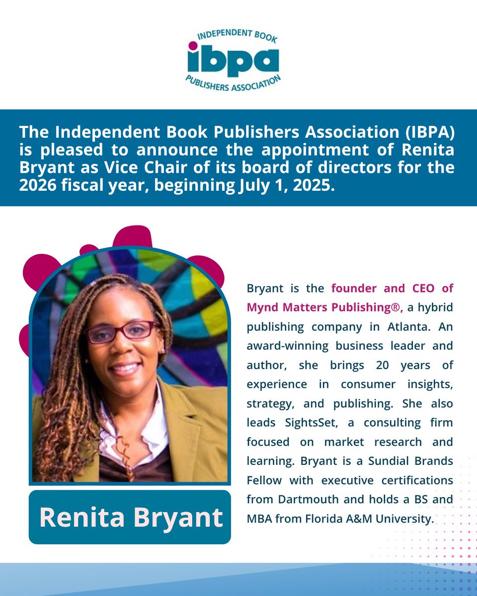 We’re excited to announce that Renita Bryant, founder of Mynd Matters Publishing and longtime advocate for independent voices, has been named Vice Chair of the IBPA Board of Directors for Fiscal Year 2026. 

Read here: ibpa-online.org/news/702898/Re…