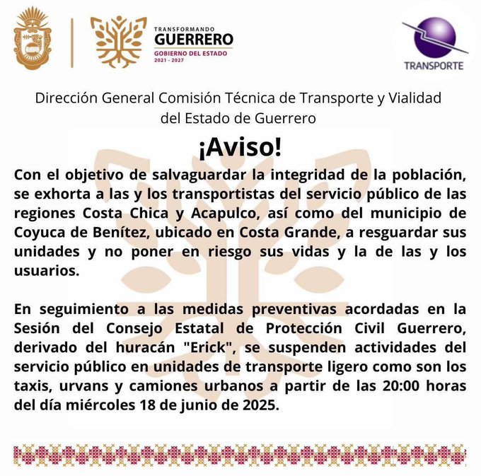 🛑 Se suspenden todas las labores del servicio público en Guerrero, debido a las condiciones del #HuracánErick. 📷#AlertaNaranja #HuracánErick #Guerrero #Acapulco