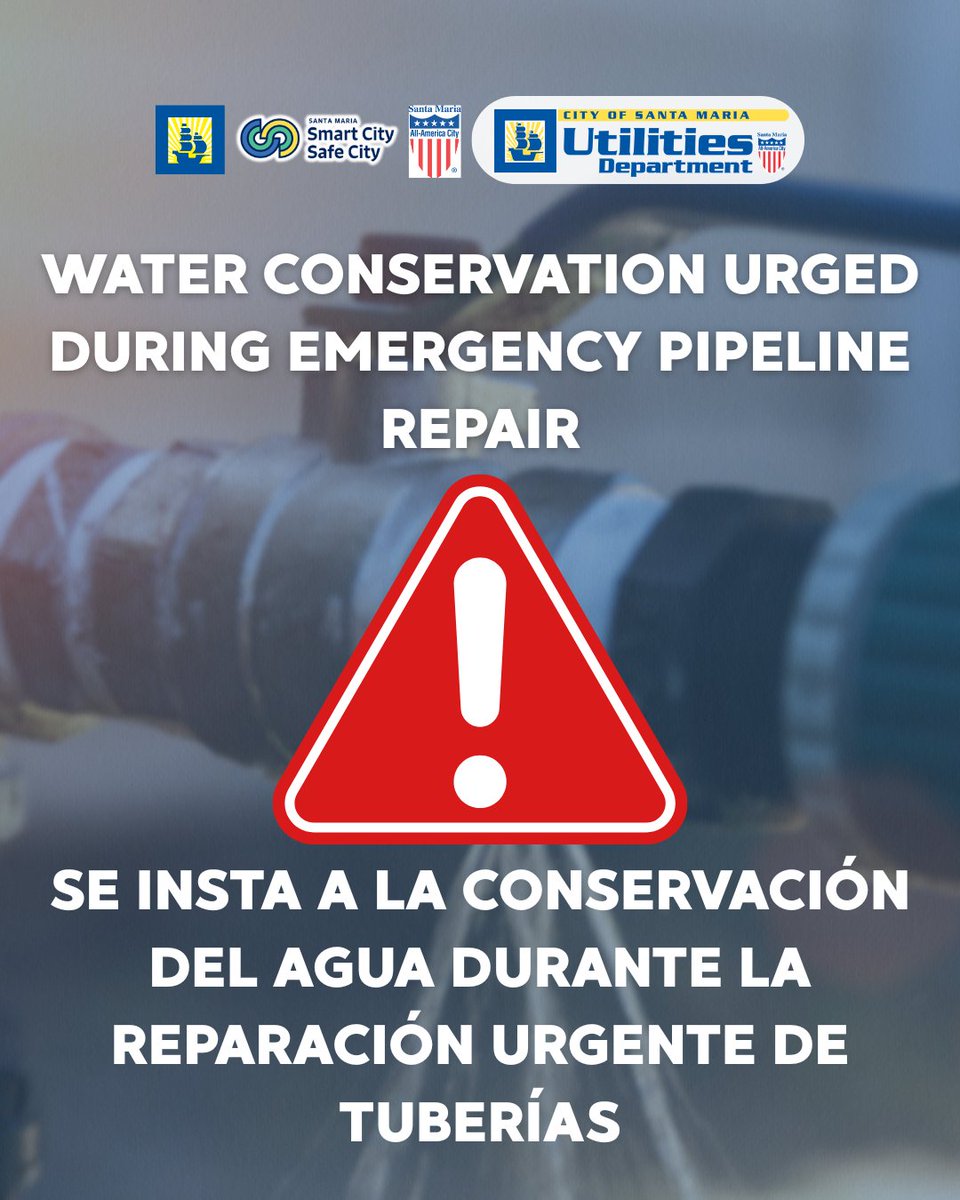 City_SantaMaria's tweet image. 📅 Effective: Immediately
⏳ Duration: Approximately 4 Days
🚫 Please stop all non-essential water use
TIPS @SMUtilities
cityofsantamaria.org/services/depar…
Effectivo: Inmediatamente
Duración: Aproximadamente 4 días
Restringir todo uso de agua no esencial, incluyendo