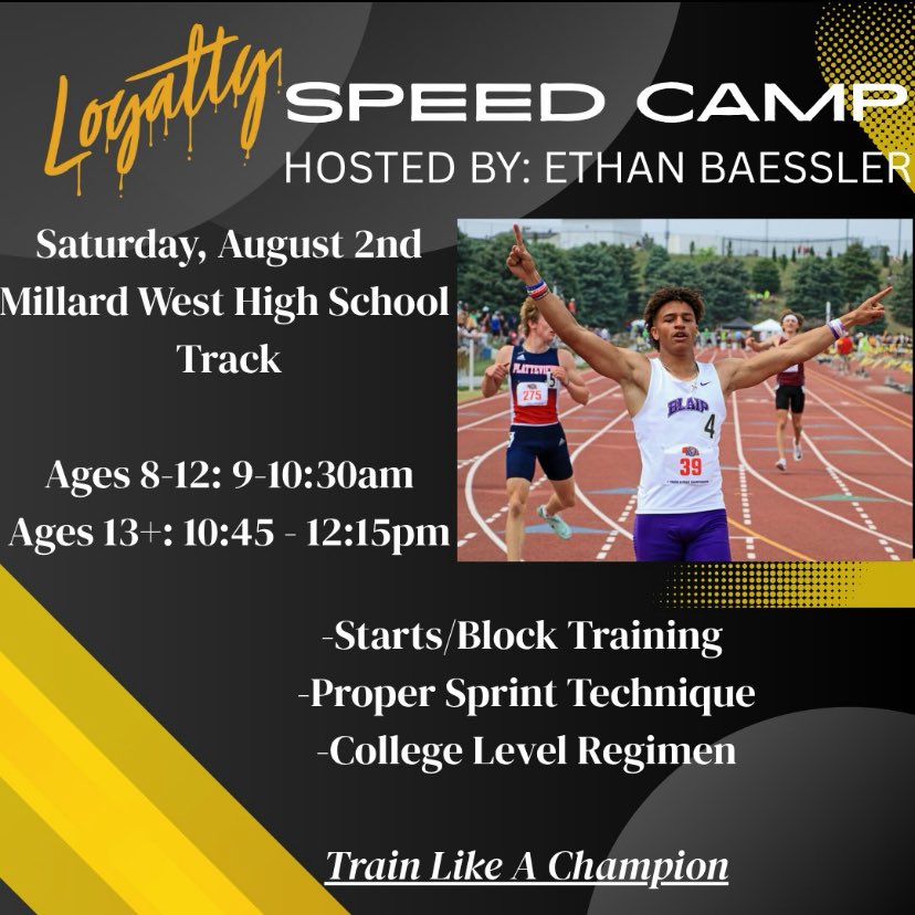 Train Fast To Be Fast⚡️

Learn From 5x Gold Medalist &amp; The Summit’s Fastest Man <a href="/baessler_ethan/">Ethan Baessler</a> 

Camp Includes: 
Flying 10 laser times ✅ 
Fastest Male &amp; Female Competition✅
All Class 100 Meter Showdown✅
Nutrition Education✅

Register: (402) 926-8979