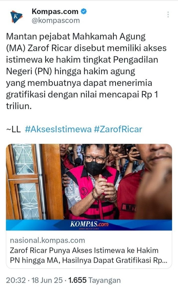@is_pelssy (@is_pelssy) on Twitter photo Nah pak Zarof Ricar dah bernyanyi nih..
Hayukk Sekalian diperiksa hakim² PN dan Hakim Agung itu semua yg disebutin tuh..
<a href="/KejaksaanRI/">Kejaksaan RI</a> <a href="/DivHumas_Polri/">Divisi Humas Polri</a> Nah pak Zarof Ricar dah bernyanyi nih..
Hayukk Sekalian diperiksa hakim² PN dan Hakim Agung itu semua yg disebutin tuh..
<a href="/KejaksaanRI/">Kejaksaan RI</a> <a href="/DivHumas_Polri/">Divisi Humas Polri</a>
