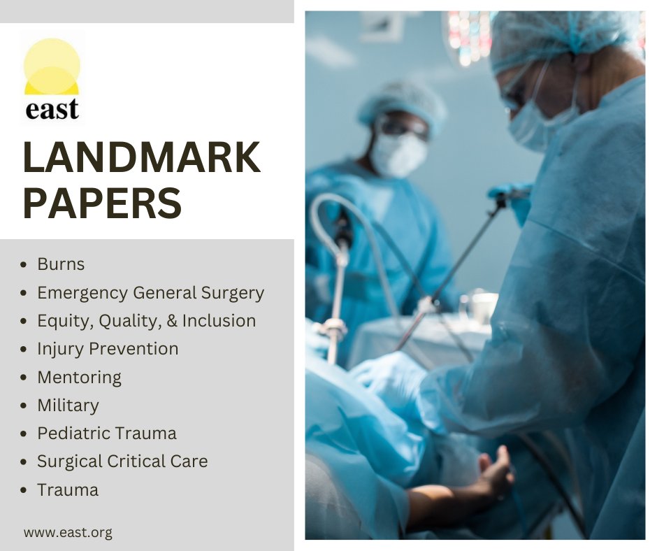 Check out the #EASTLandmarkPapers Resource in #TraumaSurgery &amp; #AcuteCareSurgery for heavily-cited papers as well as more recent defining papers that have changed the way patients are managed:  bit.ly/48mithE

#EGS #InjuryPrevention #SurgicalCriticalCare #SurgMentoring