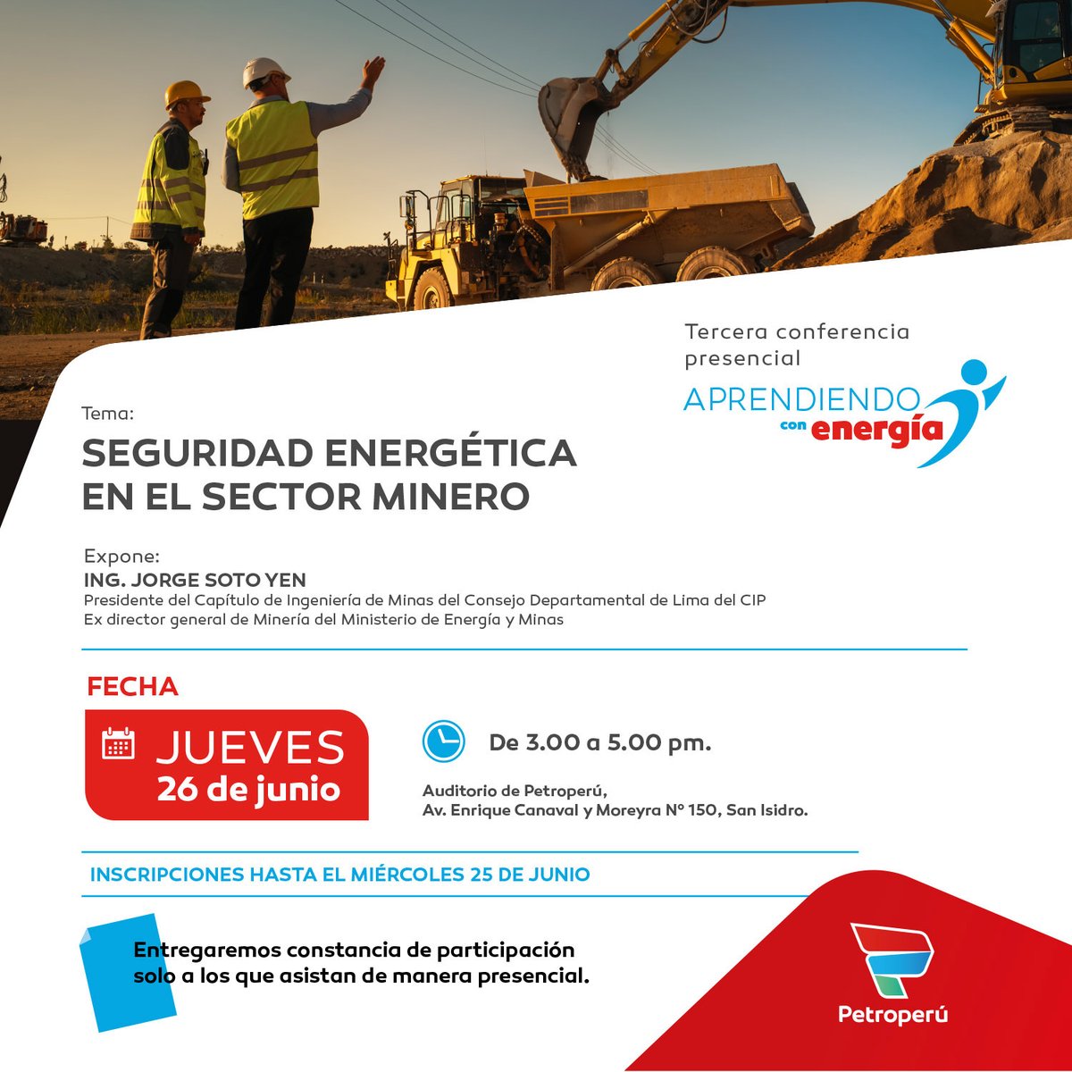 🔊 ¡Participa en el ciclo de conferencias "Aprendiendo con Energía"!
🎓 Se entregarán constancias de participación.

📝 Regístrate gratuitamente aquí: forms.office.com/r/A4LFbhQ464

#AprendiendoConEnergía #SomosPetroperú #EnergíaQueNosUne