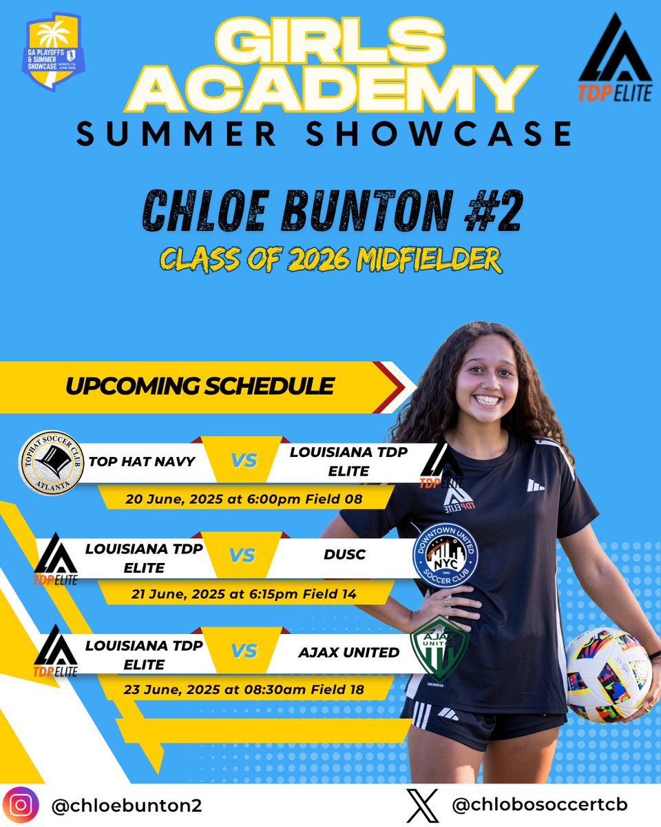 Chloe Bunton (@chlobosoccertcb) on Twitter photo Excited to be heading to Norco for the #GASummer Showcase with @louisianatdpelite 08! <a href="/ImYouthSoccer/">ECNL/GA/Recruiting/College Soccer</a> <a href="/TopDrawerSoccer/">TopDrawerSoccer</a> <a href="/TheSoccerWire/">SoccerWire</a> <a href="/GAcademyLeague/">Girls Academy</a> Excited to be heading to Norco for the #GASummer Showcase with @louisianatdpelite 08! <a href="/ImYouthSoccer/">ECNL/GA/Recruiting/College Soccer</a> <a href="/TopDrawerSoccer/">TopDrawerSoccer</a> <a href="/TheSoccerWire/">SoccerWire</a> <a href="/GAcademyLeague/">Girls Academy</a>