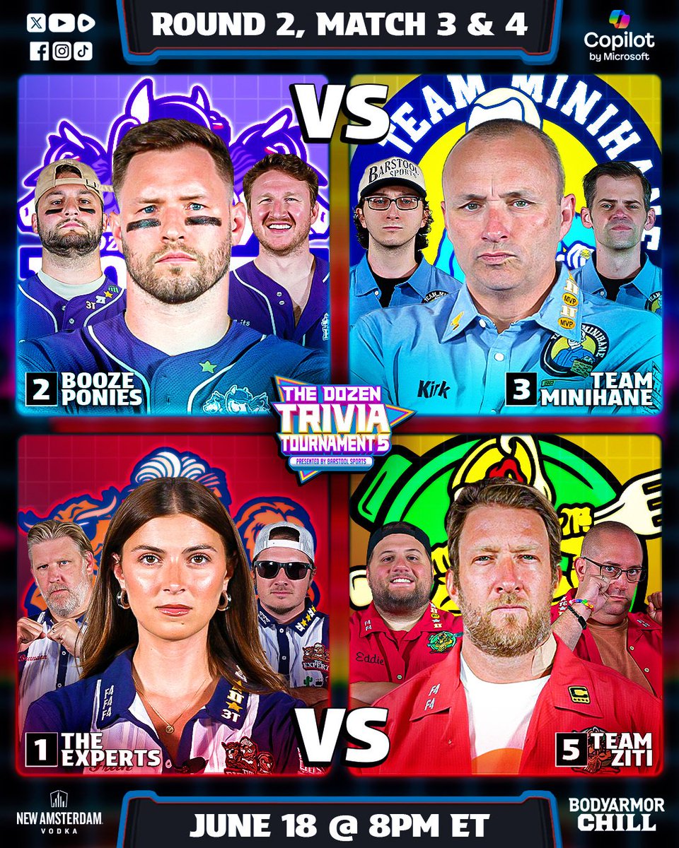 The Dozen Trivia (@thedozentrivia) on Twitter photo ā ļø PREMIERING NOW ā ļø
The Dozen Trivia Tournament 5 continues with THE BOOZE PONIES taking on <a href="/kirkmin/">Kirk Minihane</a> & TEAM MINIHANE followed by <a href="/BFW/">Brandon Walker</a> & THE EXPERTS against <a href="/stoolpresidente/">Dave Portnoy</a> & ZITIā¦
Watch Here: barstool.link/the-dozen ā ļø PREMIERING NOW ā ļø
The Dozen Trivia Tournament 5 continues with THE BOOZE PONIES taking on <a href="/kirkmin/">Kirk Minihane</a> & TEAM MINIHANE followed by <a href="/BFW/">Brandon Walker</a> & THE EXPERTS against <a href="/stoolpresidente/">Dave Portnoy</a> & ZITIā¦
Watch Here: barstool.link/the-dozen