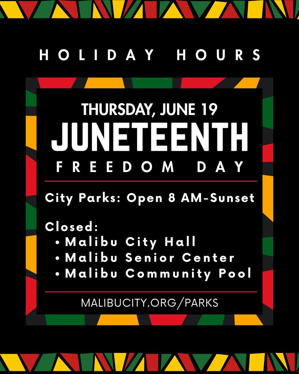 MalibuCSD's tweet image. 🔔HOLIDAY HOURS - Malibu City Hall, Malibu Senior Center, and the Malibu Community Pool will be closed on Thursday, June 19, for Juneteenth. Visit MalibuCity.org/Parks for more updates. 
#Malibu #CommunityServices #MalibuCityHall #MalibuSeniorCenter #MalibuCommunityPool