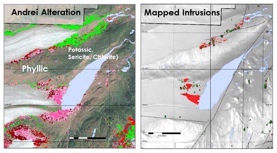 EnduroMetals's tweet photo. For example, our Andrei target comprises a large, zoned alteration footprint of phyllic alteration adjacent to a potassic sericite chlorite copper and gold-bearing zone known as North Toe. Note that ice, water and vegetation mask the signal. https://t.co/iSrublhTNO