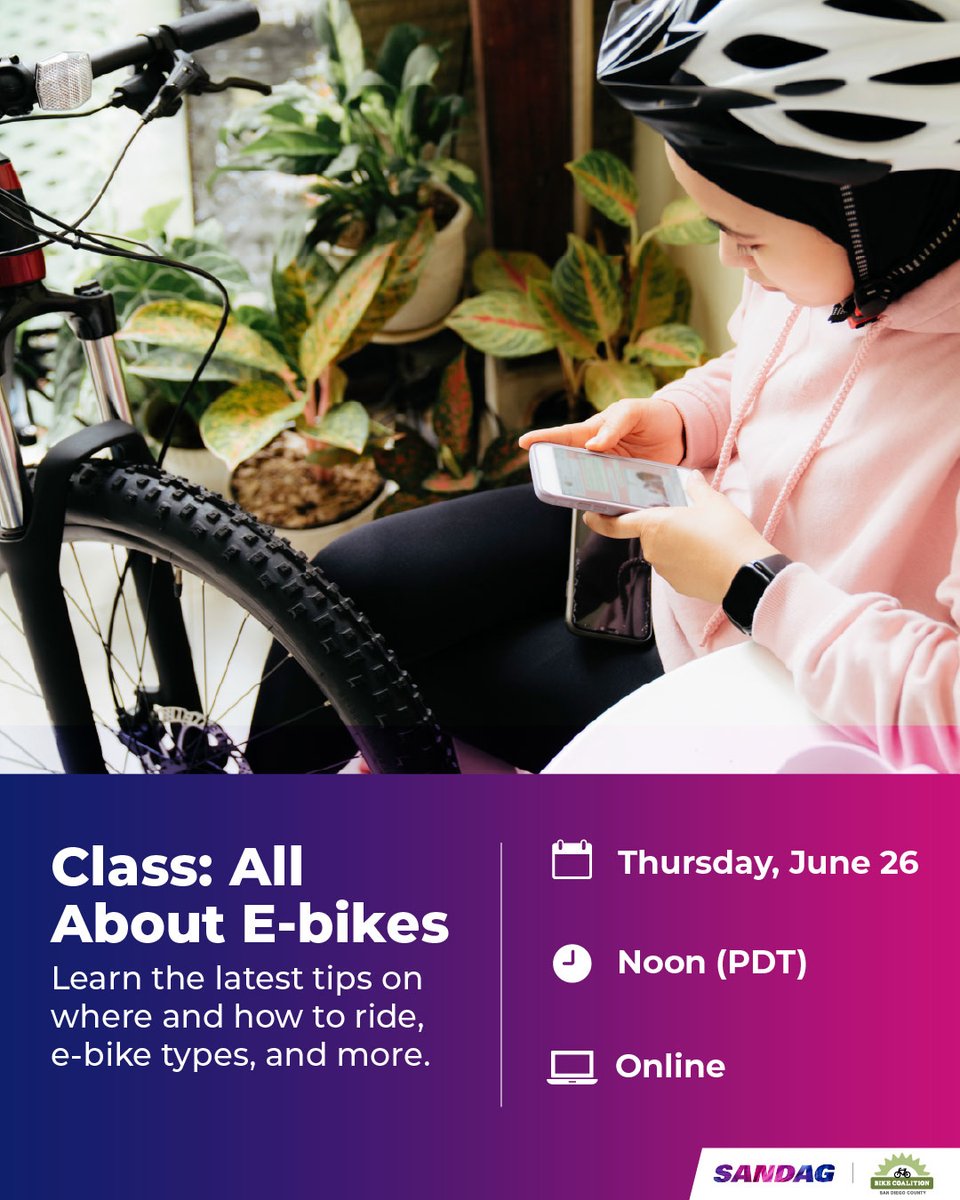 SANDAG (@sandag) on Twitter photo π΄ Tune in for a free virtual class all about e-bikes! Join us virtually on Thursday, June 26, at noon (PDT), to hear from the <a href="/sdbikecoalition/">San Diego County Bike Coalition</a>'s certified instructors and get the latest tips.
Register: bit.ly/3ZqWfZ9
#SANDAG π΄ Tune in for a free virtual class all about e-bikes! Join us virtually on Thursday, June 26, at noon (PDT), to hear from the <a href="/sdbikecoalition/">San Diego County Bike Coalition</a>'s certified instructors and get the latest tips.
Register: bit.ly/3ZqWfZ9
#SANDAG