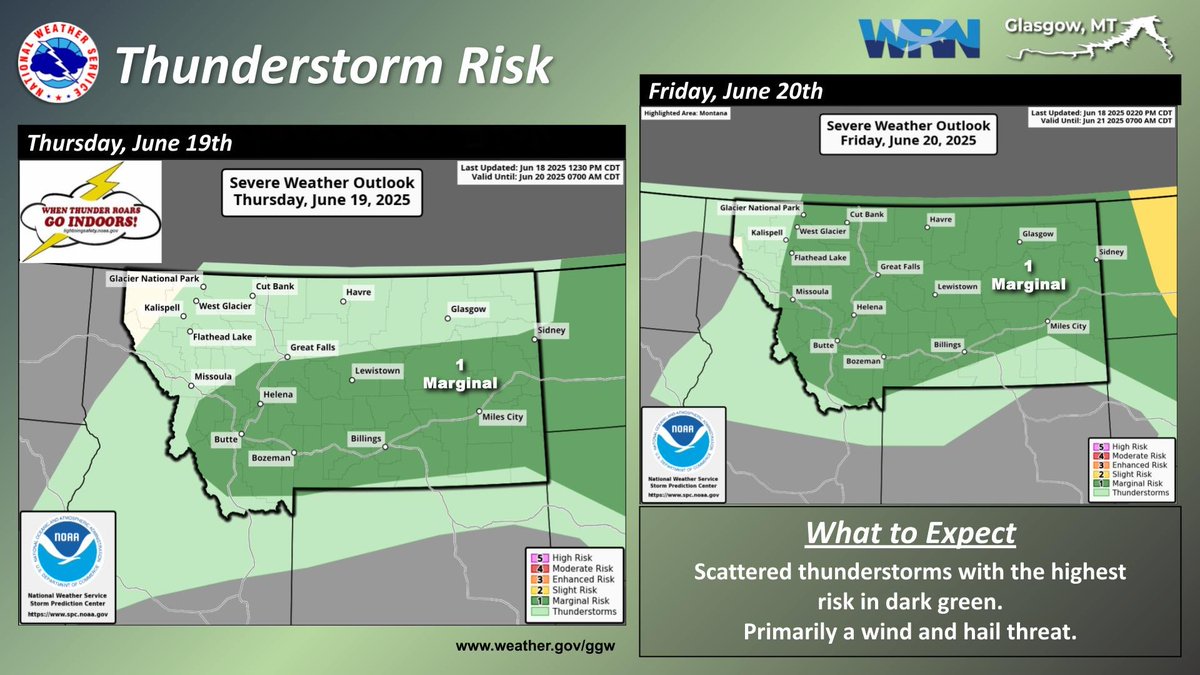 Expect scattered strong to severe thunderstorms the next couple of days. The best chance will be mainly south of the Missouri river/Fort Peck Lake Thursday with more coverage Friday. The primary threats with these storms will be damaging winds. #mtwx