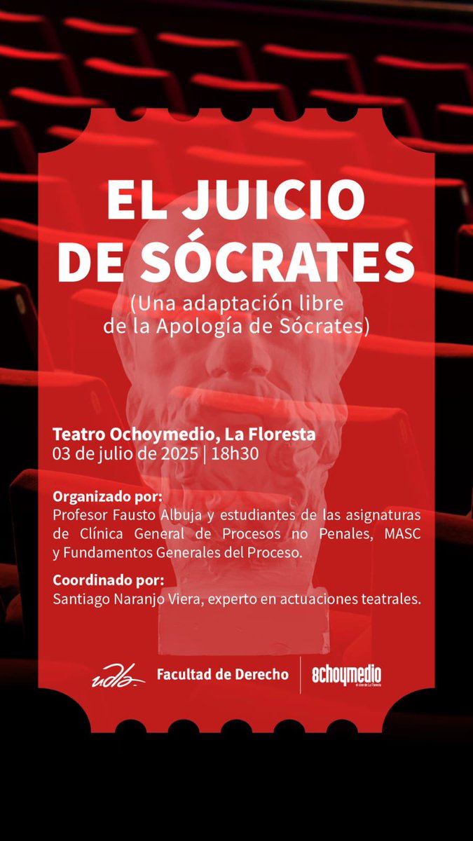 Facultad de Derecho UDLA (@udla_derecho) on Twitter photo Prepárate para *El juicio de Sócrates* , una obra adaptada para ti desde las aulas de <a href="/UDLAEcuador/">UDLA Ecuador</a>
📅 3 de julio de 2025 -18h30 | 📍 Teatro Ochoymedio
🎟️ Gratuita para la comunidad UDLA | General: 5 USD
¡No te quedes fuera! #amoloquehago | #AbogadosUDLA Prepárate para *El juicio de Sócrates* , una obra adaptada para ti desde las aulas de <a href="/UDLAEcuador/">UDLA Ecuador</a>
📅 3 de julio de 2025 -18h30 | 📍 Teatro Ochoymedio
🎟️ Gratuita para la comunidad UDLA | General: 5 USD
¡No te quedes fuera! #amoloquehago | #AbogadosUDLA
