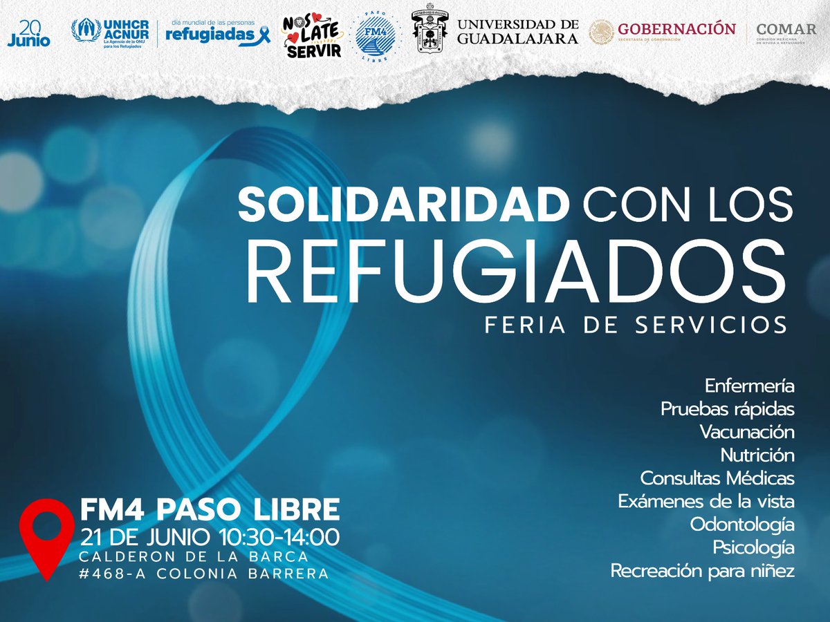 comar_sg's tweet photo. #Guadalajara 
Solidaridad con los refugiados
📣 Feria de servicios
Enfermería, pruebas rápidas, vacunación, odontología, nutrición, psicología, actividades recreativas y más. 

21 de junio
10:30 a 14:00 hrs
📍 @FM4PasoLibre 

@AcnurMexico @udg_oficial https://t.co/VETkHSiOiF
