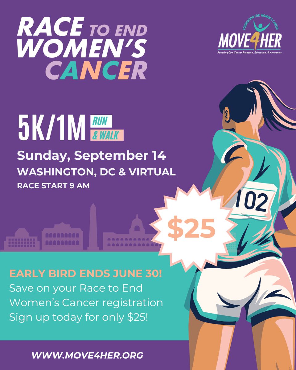 Lace up and lock it in — Early Bird ends June 30! Join us Sept 14 in DC for the #RaceToEndWomenCancer — a 5K/1M run &amp; walk to support gyn cancer research, education &amp; awareness.

Register now for just $25 👉 Move4Her.org

#Move4Her #GynCancer #WomensHealth #DCEvents