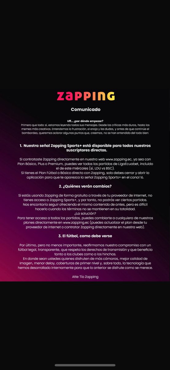 Recularon respecto de los suscriptores directos, pero dejaron en el aire a los que habían contratado el servicio a través de proveedores de internet los dejan en el aire. Sigue siendo una ilegalidad, una estupidez y han causado graves daños a su propia marca y a la Ligapro que