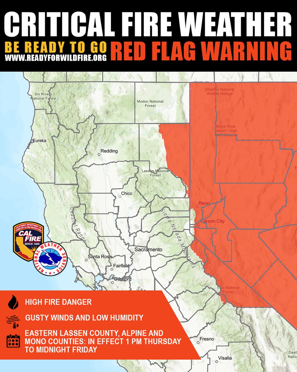 A #RedFlagWarning is in effect for Eastern Lassen County, Alpine County, and Mono County from 1 p.m. Thursday through midnight Friday due to gusty winds and low humidity.
These conditions significantly increase the risk of rapid wildfire spread. Help prevent wildfires by avoiding