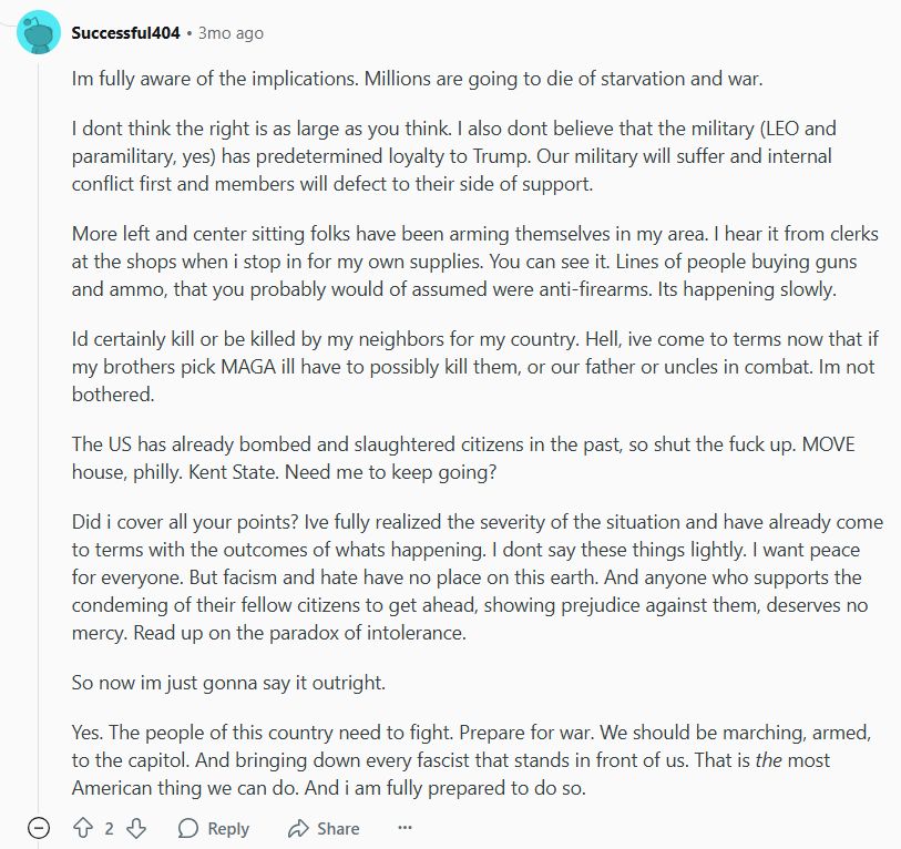 Redditor vows to kill his own dad in "combat" against the "fascists"