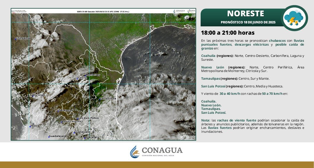 En las siguientes tres horas, se esperan #Chubascos y #Lluvias puntuales fuertes en el noreste del país.