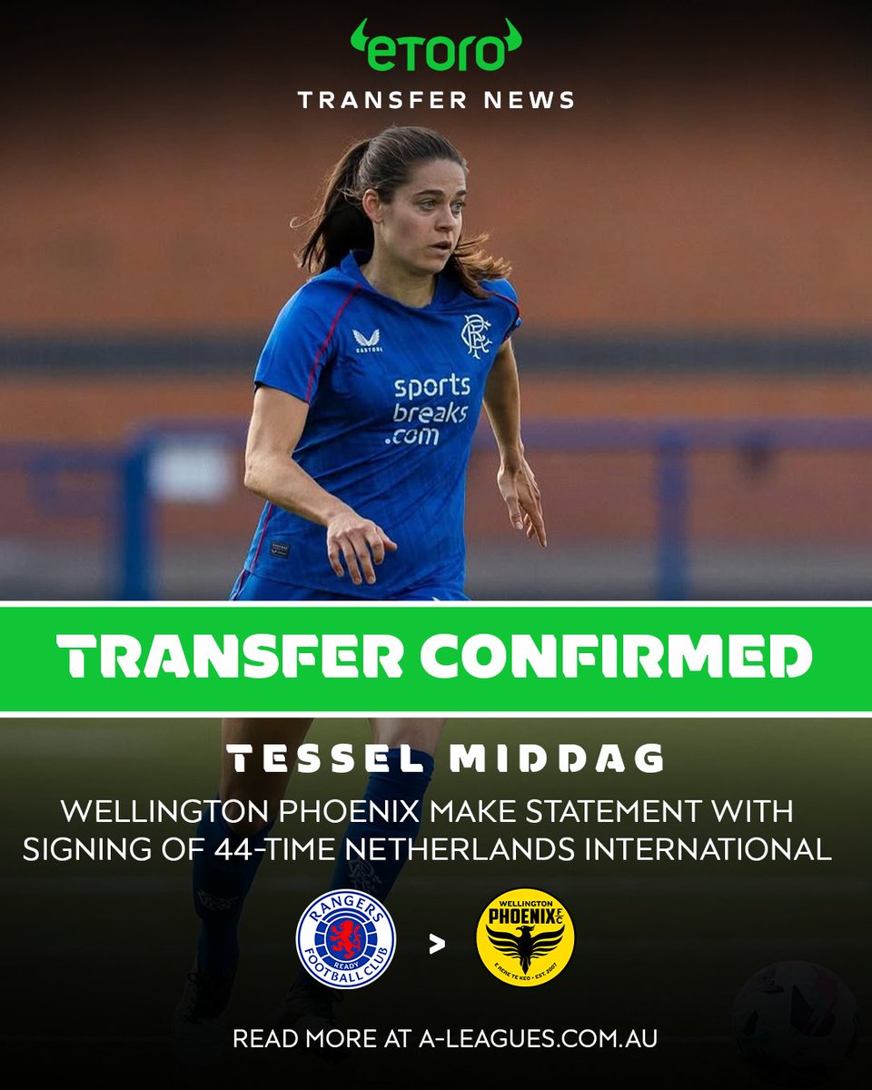 .<a href="/WgtnPhoenixFC/">Wellington Phoenix 🔥</a> lock in a HUGE signing with an incredible CV! ✍️🙌

44-time Dutch international Tessel Middag joins the 'Nix after spending four seasons at Rangers, where she lifted six trophies.

📰 Full details: tinyurl.com/yw4sf8hb

<a href="/eToroAU/">eToro Australia</a>