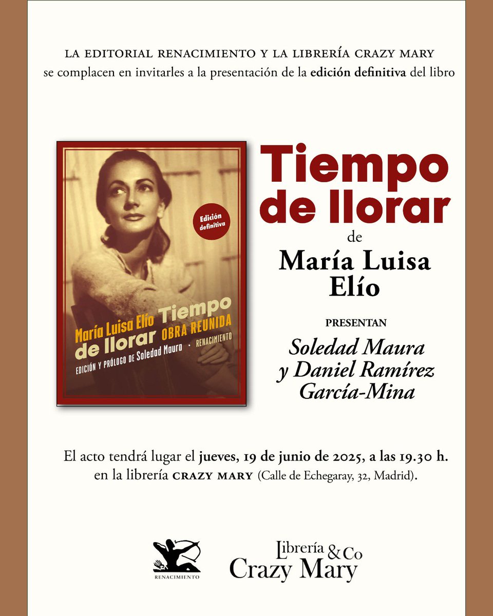 Daniel Ramírez García-Mina (@danielramirez99) on Twitter photo Mañana, todos invitados. Presentamos el rescate de la obra de María Luisa Elío, una de las prosistas españolas más talentosas del XX. Son textos sobre el exilio de la infancia. Admirada por García Márquez hasta el punto de dedicarle “Cien años de soledad”. <a href="/RENACIMIENTOED/">Editorial Renacimiento</a> Mañana, todos invitados. Presentamos el rescate de la obra de María Luisa Elío, una de las prosistas españolas más talentosas del XX. Son textos sobre el exilio de la infancia. Admirada por García Márquez hasta el punto de dedicarle “Cien años de soledad”. <a href="/RENACIMIENTOED/">Editorial Renacimiento</a>