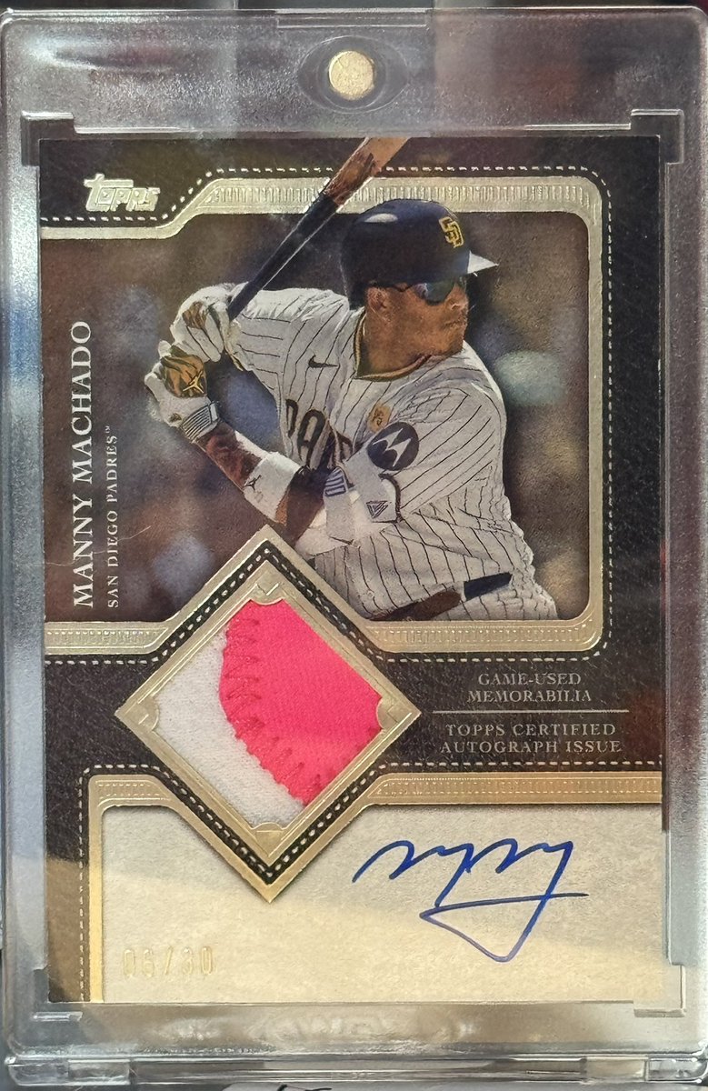 My best and most recent pull: Manny Machado 2025 Topps Series 2 Flagship Patch Auto Numbered 06/30! 
———————————————————
#sportscards #baseballcards #baseball #sports #collector #mannymachado #sandiegopadres #topps #toppsbaseball