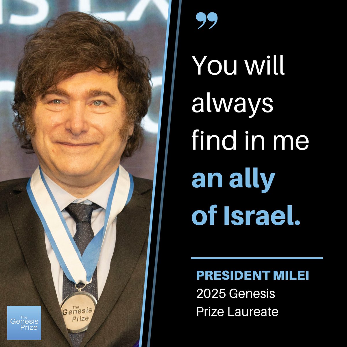 TheGenesisPrize's tweet image. Honored with the 2025 Genesis Prize last week in Jerusalem, Argentine President @JMilei is unwavering in his support of #Israel at a time when many world leaders have turned their backs on the Jewish state.