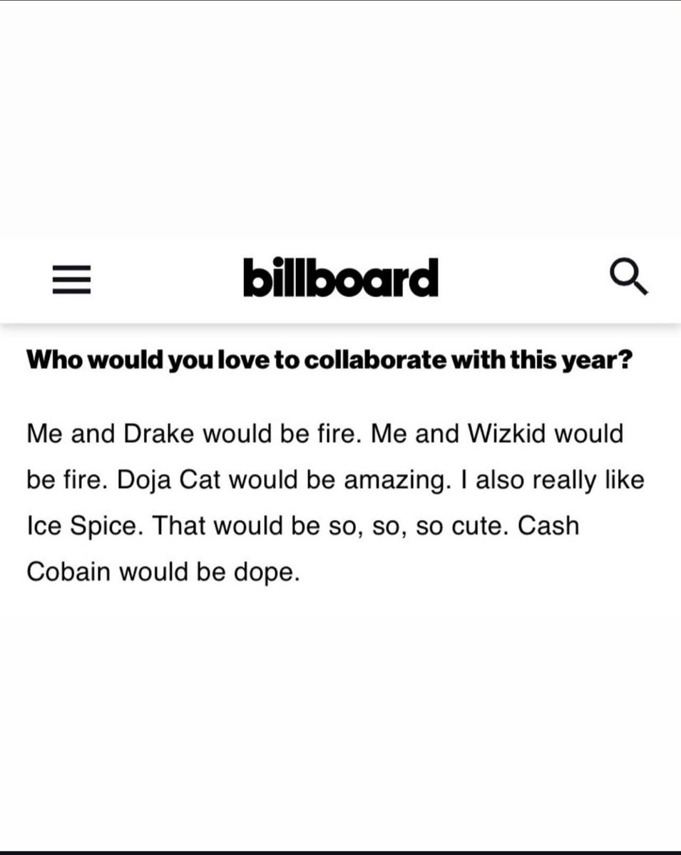 .<a href="/moliymusic/">MOLIY</a> reveals to billboard on Artist she would love to collaborate with this year; Drake, Wizkid ,ice spice &amp; cobain! 🦋❤️