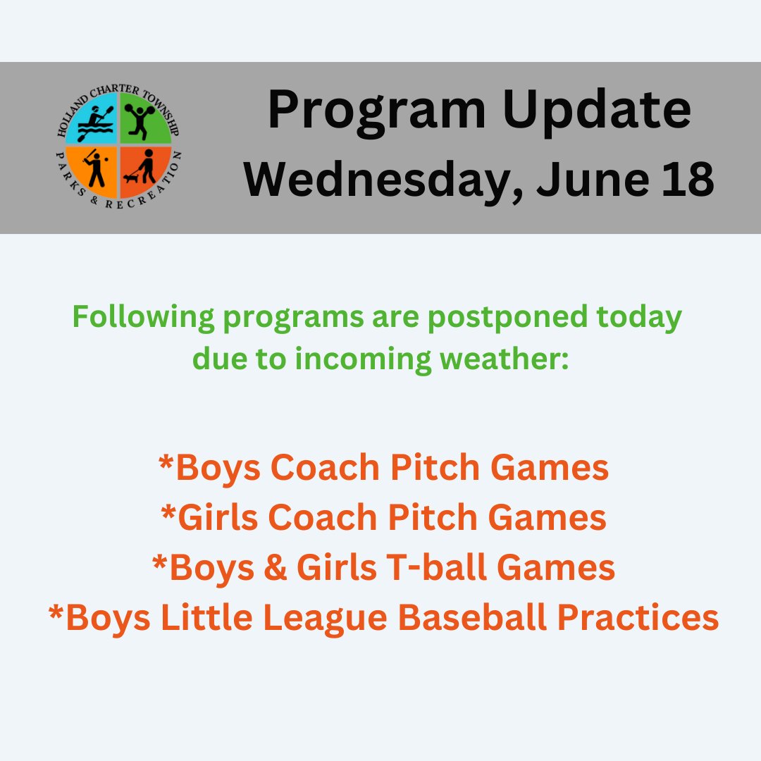 Weather Update ⛈
The following weather decisions have been made for programming this evening due to the projected rain/storms coming in. Stay safe!⚡️