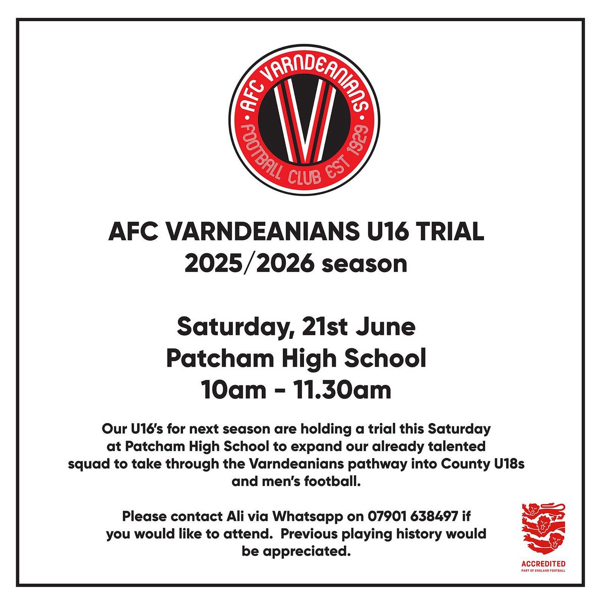 AFC Varndeanians U16 Youth Trials
🔴⚫️

Our U16s for the 25/26 season are holding a trial / open training session for players to join next seasons MSFL squad (this season’s U15s)

Trials take place this Saturday 21st June at 10am at Patcham High School. 

Please contact Ali to