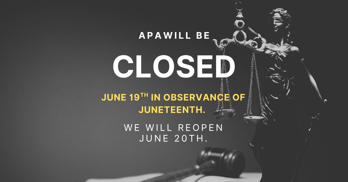📌 Please note: APA will be closed on Thursday, June 19, in observance of Juneteenth.

Regular operations will resume on Friday, June 20.

#Juneteenth #APA
