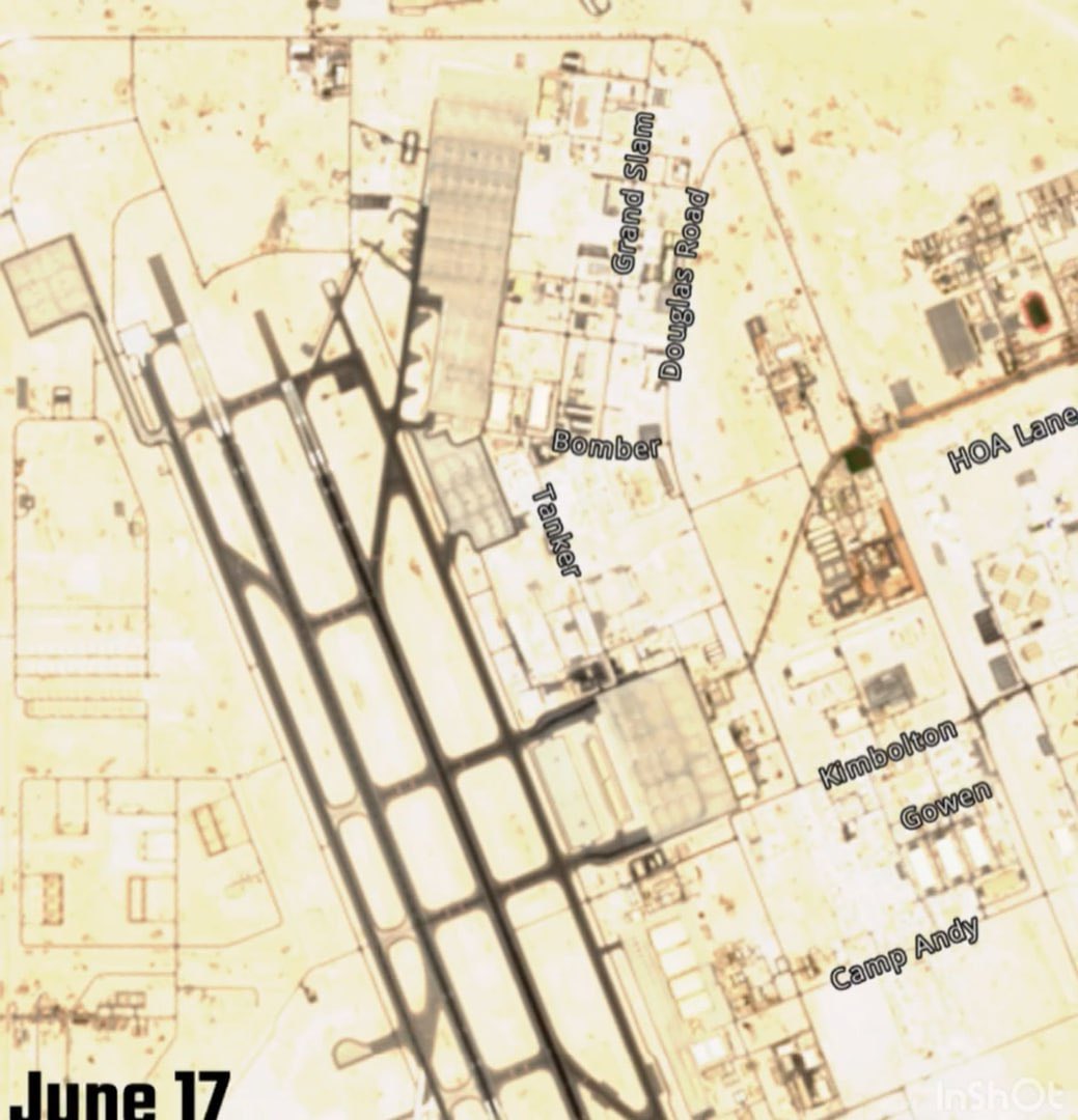 clashreport's tweet photo. Very interesting: Low-res satellite images show Qatar’s Al-Udeid Air Base nearly empty, with aircraft parking areas cleared.

U.S., UK, and Qatari jets appear to have been relocated over fears of possible Iranian strikes. https://t.co/HsGTOHPzHh