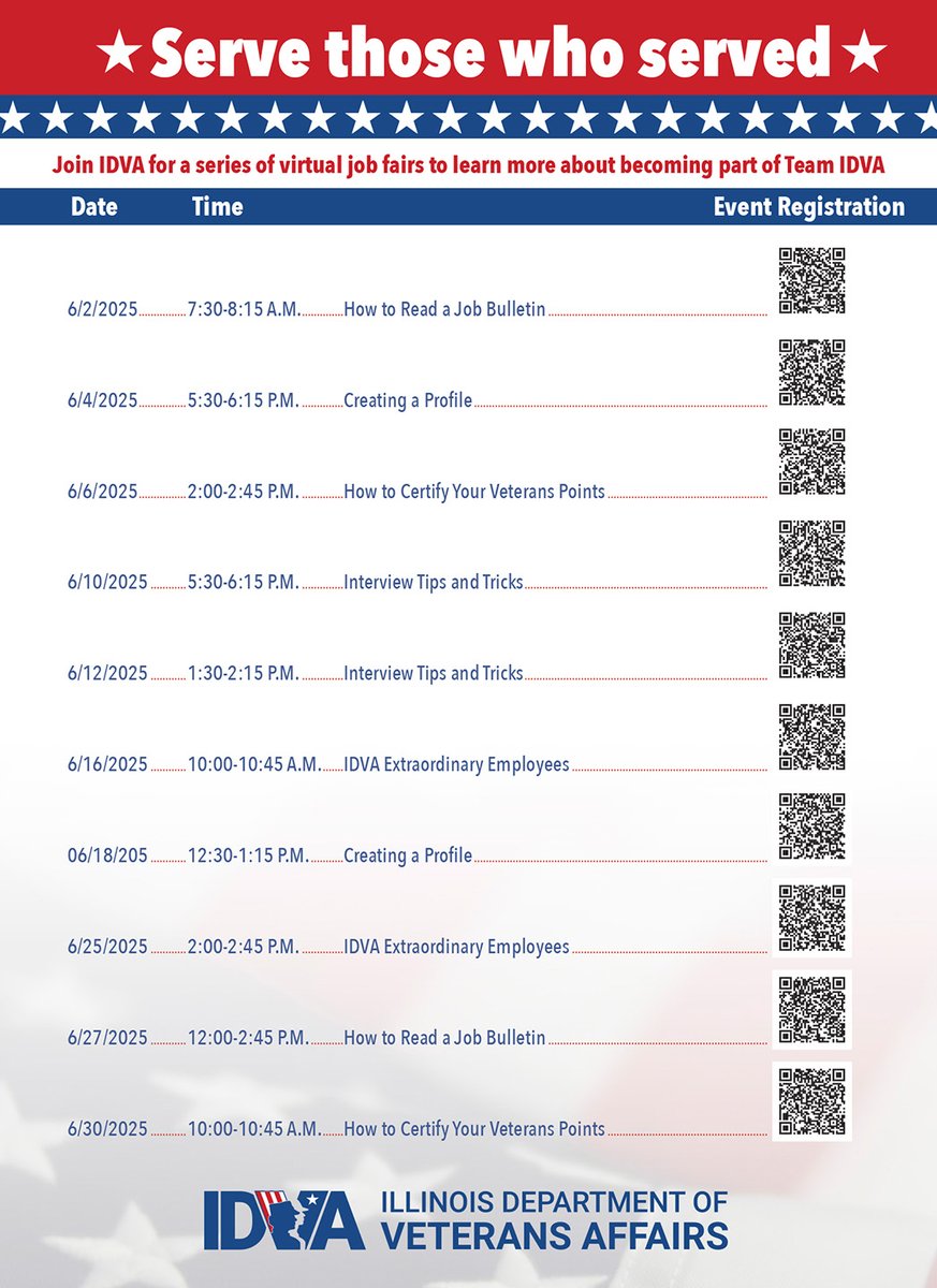 Now Hiring: Join the IDVA Team! 
@IDVA is hosting a series of virtual job fairs—and you're invited!

Learn how to create a profile, hear from current employees, and more!

Don’t miss it!
#IDVAJobs #VeteransEmployment #VirtualJobFair #ServeThoseWhoServed #VeteranCareers