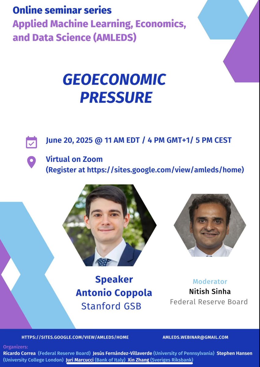 Geoeconomic Pressure:  How do firms really respond to global economic weapons like #tariffs and #sanctions?  A new #AMLEDS #Webinar featuring Antonio Coppola (Stanford University Graduate School of Business) Moderator: Nitish Sinha (Federal Reserve Board)