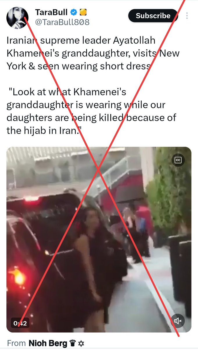 zoo_bear's tweet photo. The video is viral with false claims that she's Iranian leader Khamenei's granddaughter wearing a dress in New York.

Fact : It’s from 2019, showing protests outside a Los Angeles event hosted by the National Iranian American Council accused of lobbying for the Iranian govt.  The woman seen is not Iranian leader Khamenei's granddaughter.