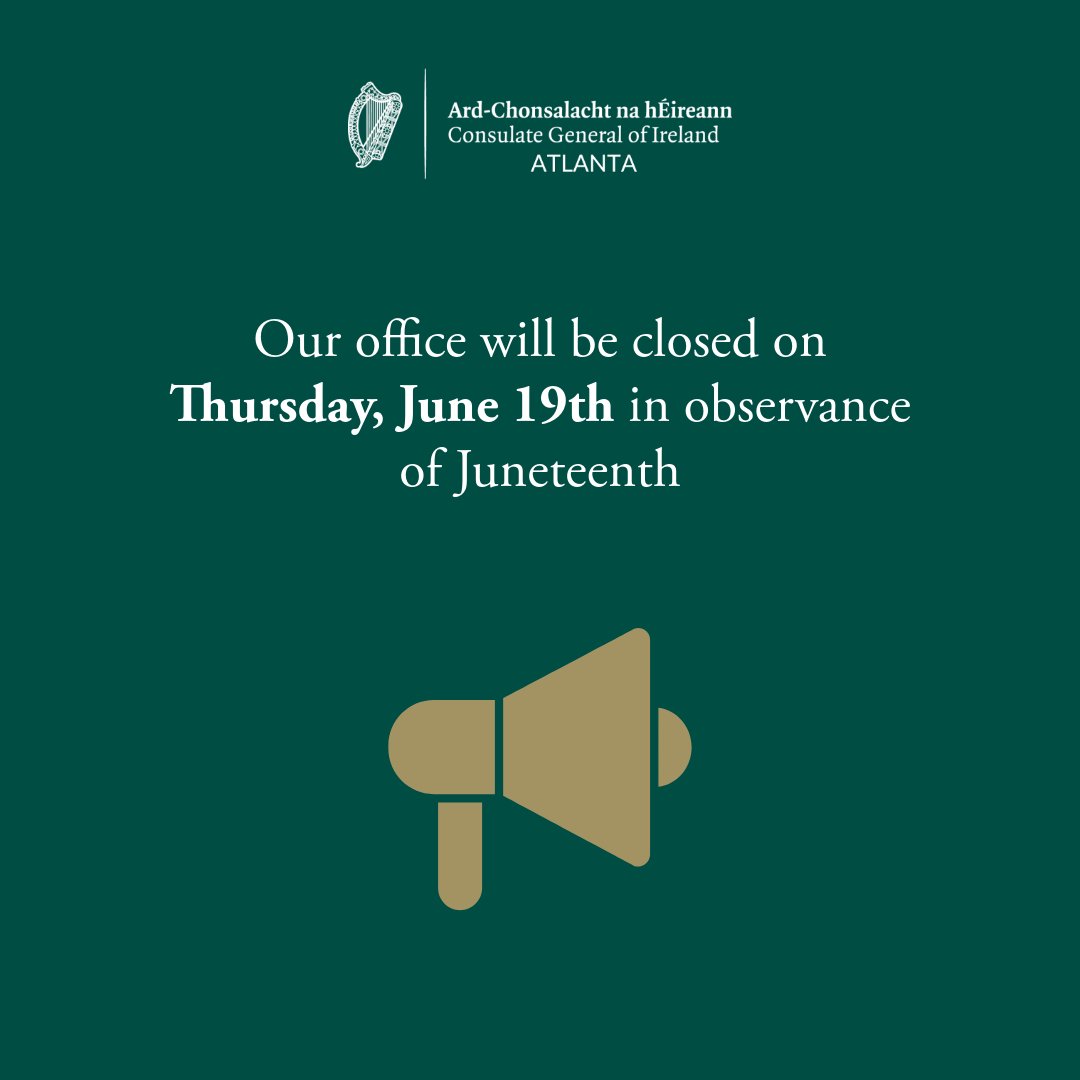 Our office will be closed on Thursday, June 19th in observance of Juneteenth.

Irish citizens experiencing a genuine emergency can call +1 404 554 4980 for consular assistance.