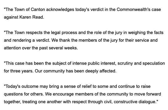 stephenquinntv's tweet image. NEW: Select Board Chair John McCourt issues a statement on behalf of Town of Canton in response to the Karen Read verdict -&amp;gt;
@7News #KarenReadTrial #KarenReadRetrial